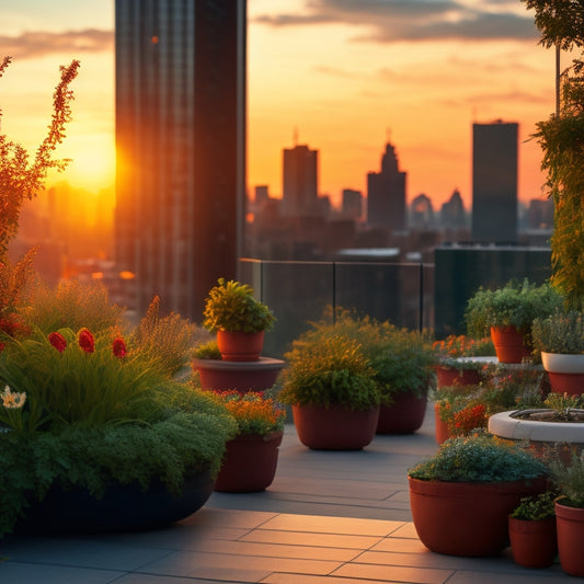 A serene rooftop garden scene at sunset, with lush greenery, vibrant flowers, and a mix of planters and vertical gardens, against a backdrop of city skyscrapers and a warm orange sky.