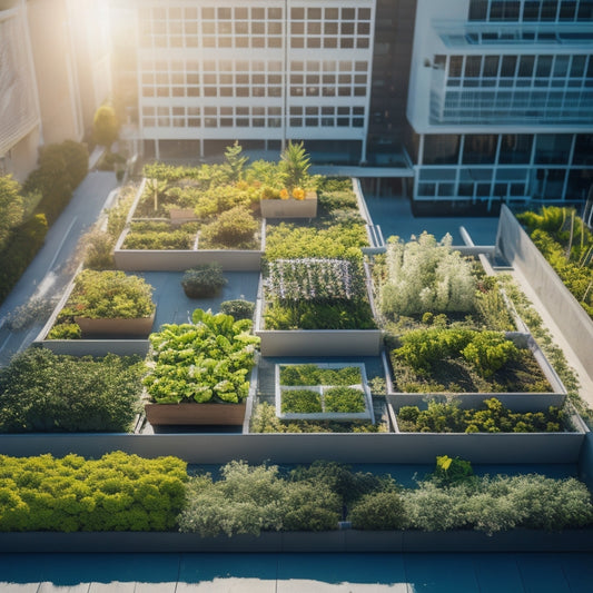 An aerial view of a lush, thriving rooftop hydroponic garden with various types of leafy greens and vibrant flowers, surrounded by a white trellis and sleek, modern planters, set against a clear blue sky.