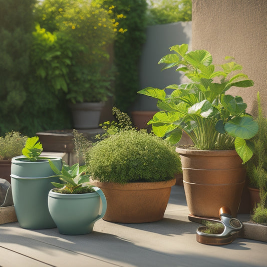 A serene outdoor setting with three empty planters of varying sizes, surrounded by gardening tools, a measuring tape, and a few potted plants with lush greenery, against a warm, sunny background.