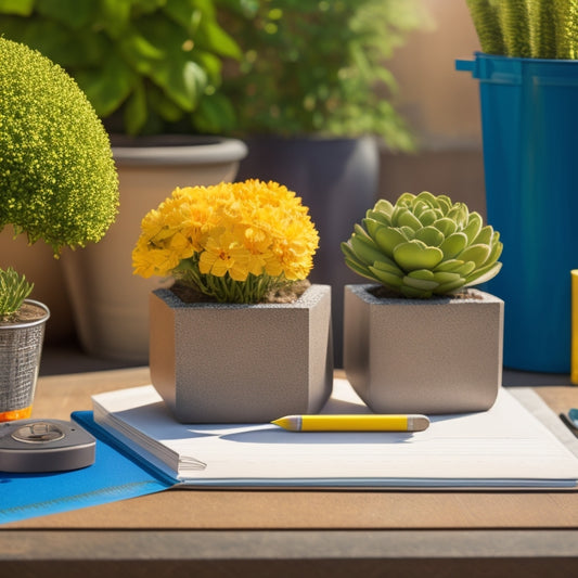 An illustration of a large planter with cinder blocks of varying sizes and heights, surrounded by measuring tape, ruler, and a small notebook with a pencil, set against a garden backdrop.