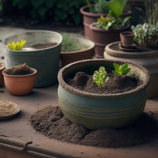 A worn, cracked planter with a large hole in its side, surrounded by scattered potting soil and dead plants, with a small bucket of concrete patching mix and a trowel nearby.