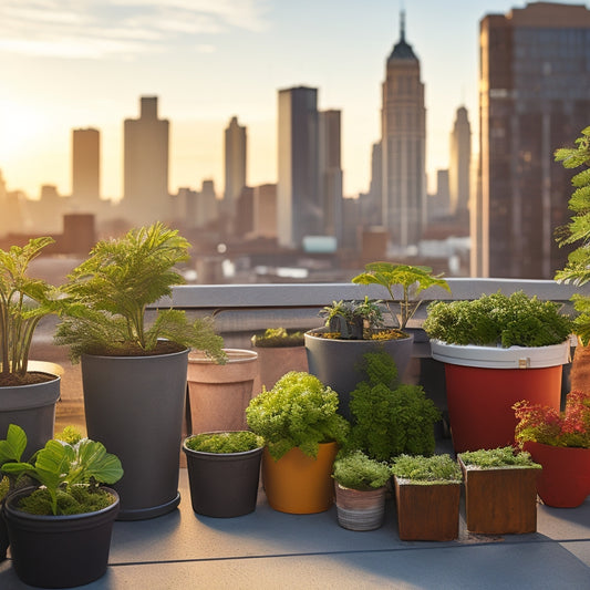 A serene rooftop scene with a beginner's hydroponic garden setup, featuring a compact grow system, young leafy greens, and a few essential tools scattered around, set against a sunny cityscape backdrop.