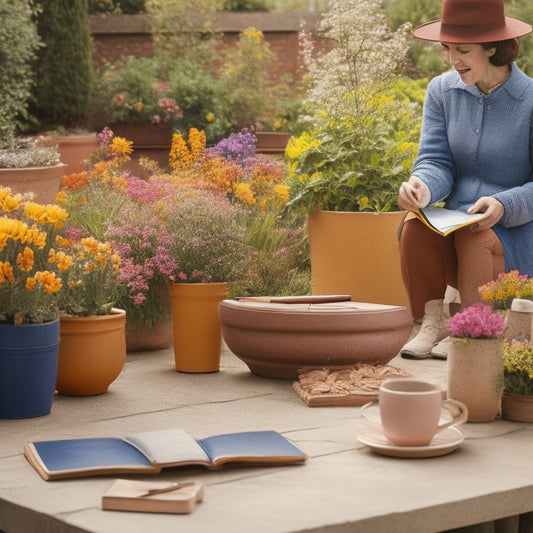A colorful illustration of a person holding a small notebook and pencil, standing in front of a garden bench surrounded by various sizes of empty terra cotta pots, with a few blooming flowers in the background.