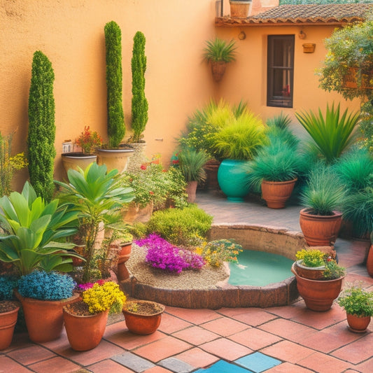 A vibrant rooftop oasis in a hot and dry climate, featuring lush greenery, colorful flowers, and a small pond surrounded by rustic wooden planters and weathered stone walls.