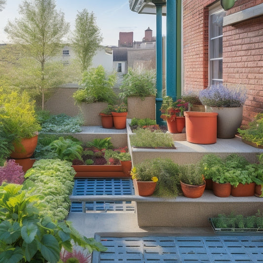 A colorful rooftop garden with a variety of thriving vegetables in raised beds, surrounded by a white railing, with a few potted herbs and a trellis with climbing plants in the background.