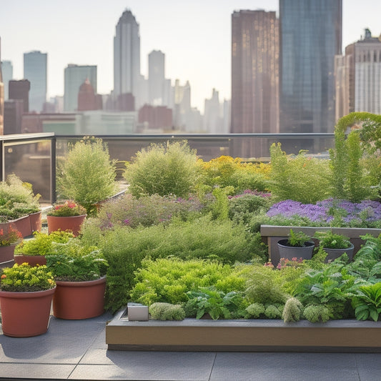 A rooftop community garden scene with multiple planters of varying shapes, sizes, and materials (ceramic, wood, metal) filled with lush greenery and vibrant flowers, set against a cityscape backdrop.