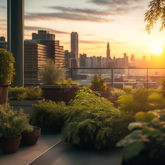 A serene urban rooftop scene at dusk, with lush greenery and vibrant plants thriving in hydroponic systems, surrounded by sleek modern cityscape and warm golden lighting.