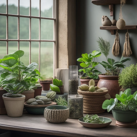 A beautifully styled windowsill with 3-5 varied, rustic-chic herb planters, overflowing with lush greenery, surrounded by natural elements like woven baskets, potted succulents, and a few scattered river rocks.