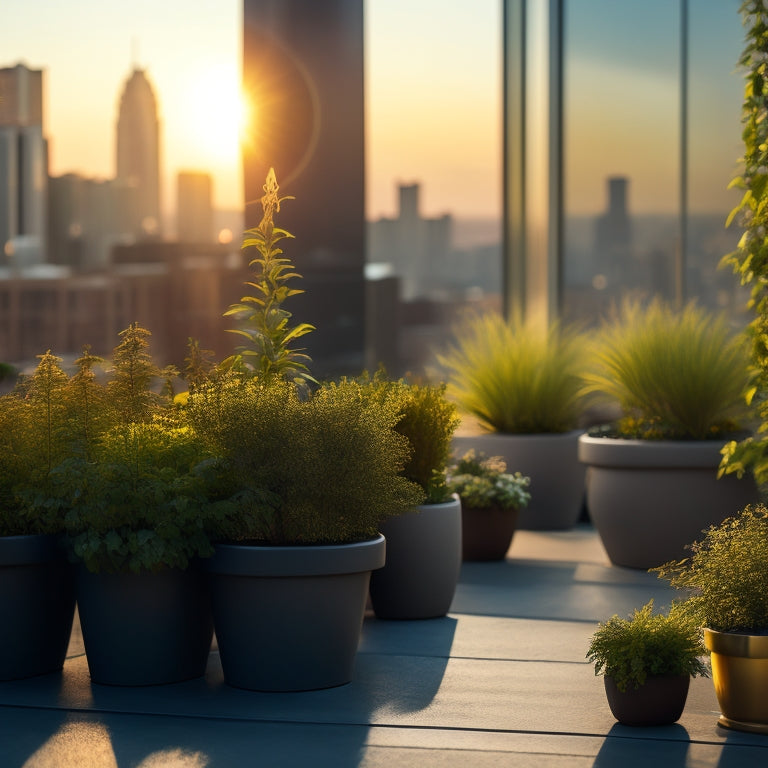 A serene rooftop garden scene with lush greenery spilling from sleek, modern Cinder planters in a variety of sizes, surrounded by sleek cityscape views and warm golden lighting.