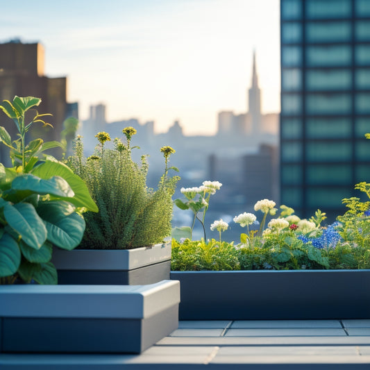 A serene rooftop garden scene with a compact, self-watering planter, lush greenery, and vibrant flowers, surrounded by a sleek, minimalist railing, against a soft blue cityscape backdrop.