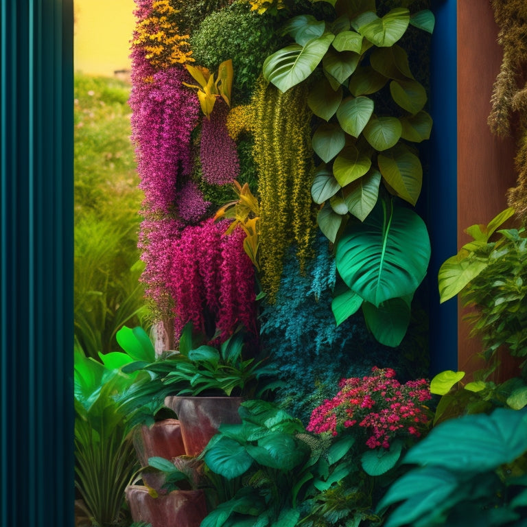 An illustration of a thriving vertical garden with lush greenery and vibrant flowers, contrasted with a wilting, struggling vertical garden lacking sturdy supports in the background.
