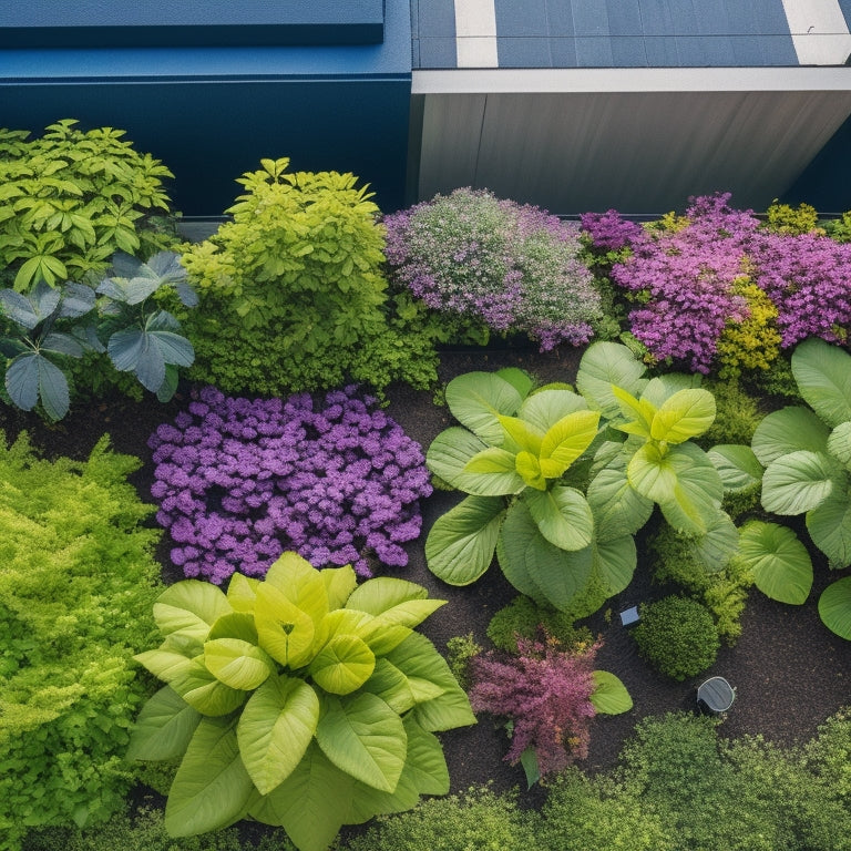 An overhead view of a thriving rooftop garden, featuring three shade-tolerant plants - fern, coleus, and impatiens - in vibrant green and purple hues, set against a contrasting urban background.