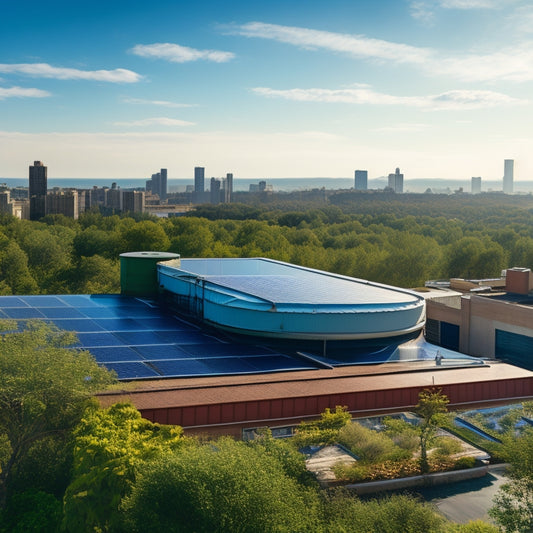 A serene urban rooftop scene with a large, rectangular water storage tank, metal gutters, and downspouts, surrounded by lush greenery and a few solar panels, under a clear blue sky.