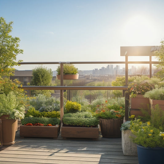 A serene rooftop garden scene with lush greenery, vibrant flowers, and assorted vegetables thriving in wooden planters, surrounded by a sturdy railing and a bright blue sky with a few wispy clouds.