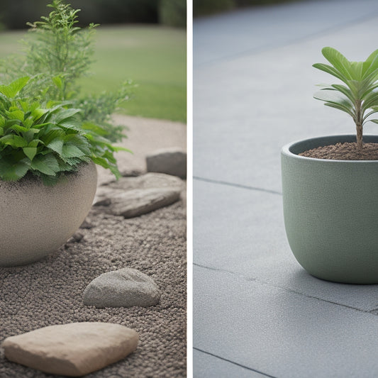 A split-screen image featuring a cracked concrete patio with a toppled planter on one side, and a sturdy planter on heavy-duty weights on the other, with a subtle grid pattern in the background.