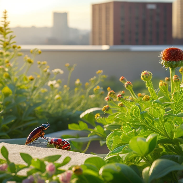 A serene rooftop garden scene with a variety of blooming flowers and lush greenery, featuring a ladybug perched on a leaf, a praying mantis stalking in the background, and a honeybee flying nearby.