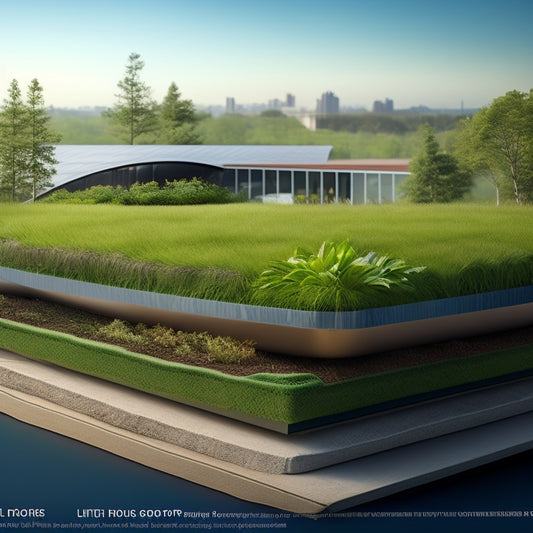 An illustration of a green roof's cross-section, showcasing layers of waterproofing membrane, drainage system, growing medium, and diverse lush vegetation, with a subtle cityscape background.