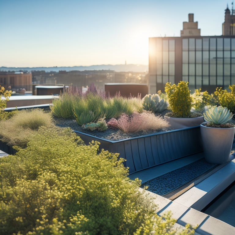 A serene rooftop garden with a mix of succulents and grasses in raised planters, surrounded by sleek metal railings, under a sunny sky with a few wispy clouds.