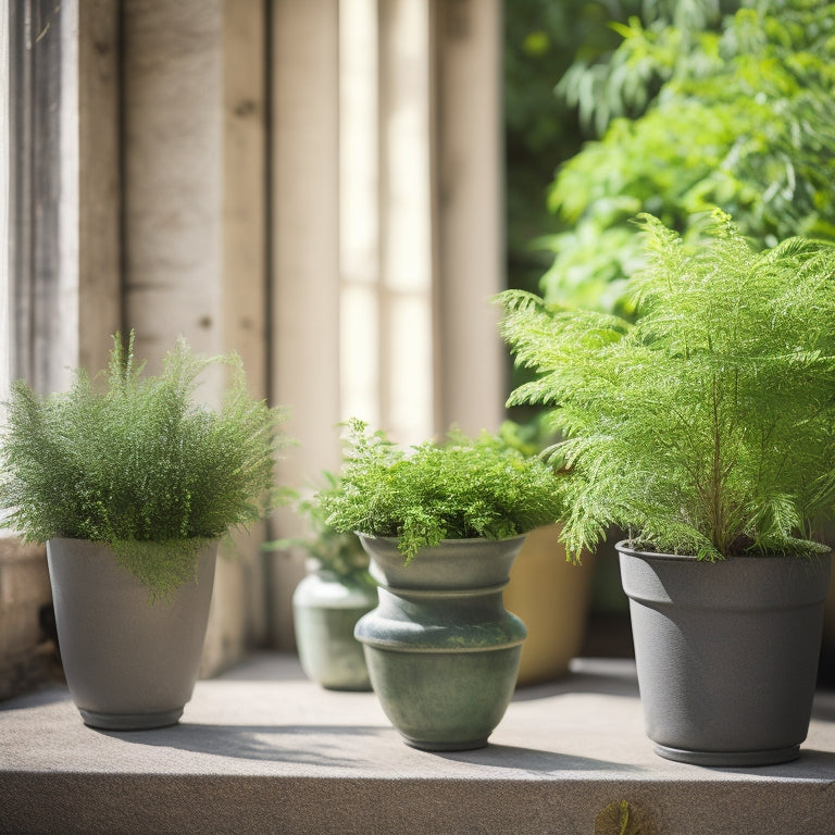 A serene outdoor setting with three planters of varying heights, each containing a different thriving herb (basil, rosemary, thyme), surrounded by lush greenery and soft, warm sunlight filtering through.