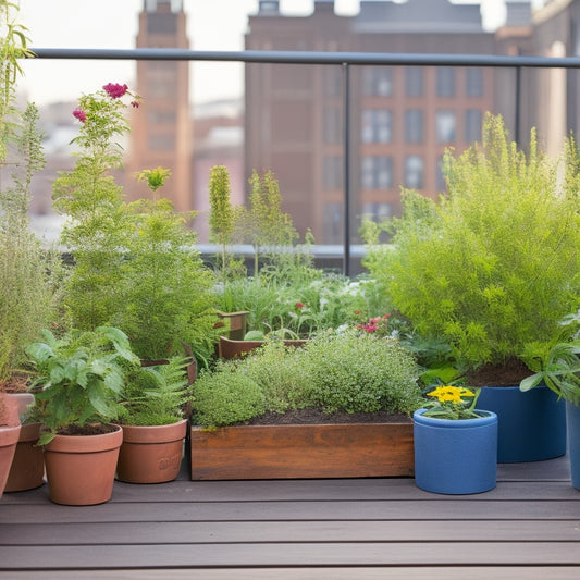 A serene rooftop herb garden with lush greenery and colorful blooms, surrounded by a wooden planter box with a subtle hint of pest control measures, such as copper tape and neem oil, in the background.