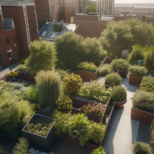 An overhead shot of a lush rooftop garden with weather-resistant planters in various shapes and sizes, surrounded by vibrant greenery and overlooking a cityscape on a sunny day.