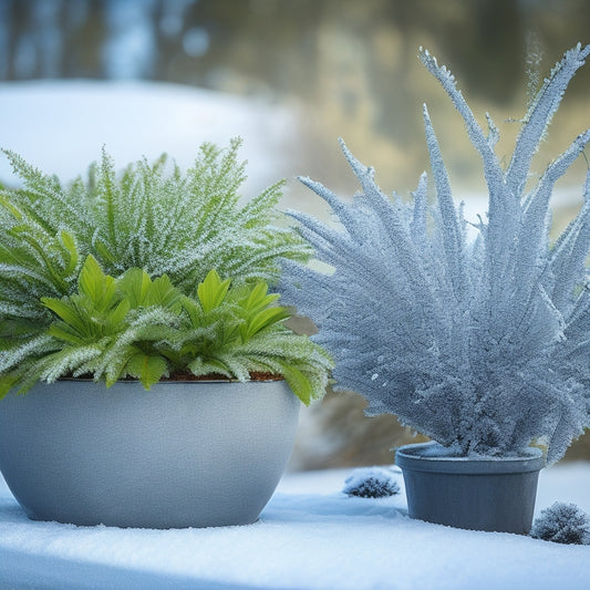An icy, snow-covered planter with frozen, wilted plants beside a thriving, winterized planter with evergreen branches and protected soil, set against a frosty Zone 5 winter landscape.