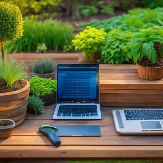 A tidy, modern garden bed with varying-sized wooden planters, each filled with lush greenery, surrounded by gardening tools and a laptop with an open calculator app on the screen.