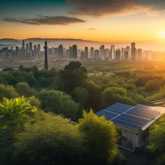 A serene cityscape at dusk, with rooftops transformed into lush gardens, overflowing with vibrant greenery, solar panels, and wind turbines, amidst a backdrop of towering skyscrapers and a pollution-free blue sky.