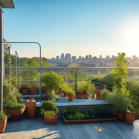 A serene rooftop scene with lush greenery, showcasing a thriving hydroponic garden with varied plants, trellises, and a irrigation system, set against a clear blue sky with a few puffy white clouds.