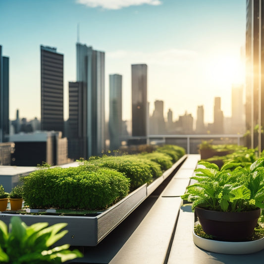 A rooftop garden with a sleek, modern hydroponic system in the foreground, surrounded by lush greenery, with a cityscape background featuring skyscrapers and a sunny blue sky.