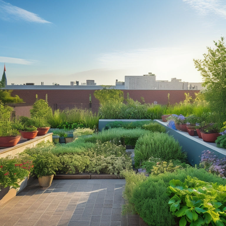 A serene rooftop garden with lush greenery and vibrant flowers, featuring a subtle irrigation system with thin pipes, misting nozzles, and a small water tank in the corner, set against a bright blue sky.