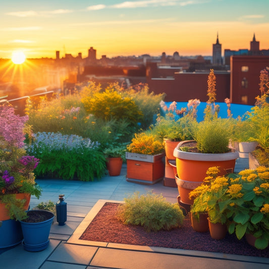 A serene rooftop garden scene at sunset, featuring a harmonious blend of verdant herbs, vibrant flowers, and lush vegetables, with bees and butterflies flitting between companion-planted blooms.