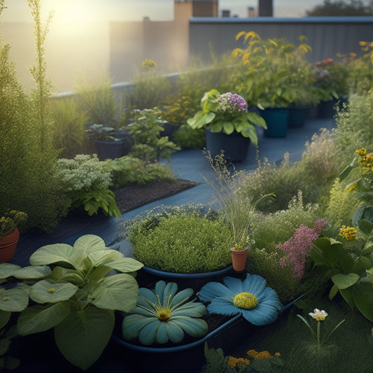 An illustration of a rooftop garden with lush greenery and vibrant flowers, showcasing a few common pests (slugs, aphids, and whiteflies) amidst the plants, with subtle hints of damage and decay.