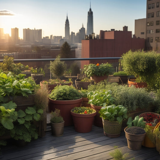 A thriving rooftop vegetable garden with lush green leafy vegetables and vibrant flowers, surrounded by wooden planters and a cityscape background, with a few organic fertilizer bags and gardening tools scattered around.