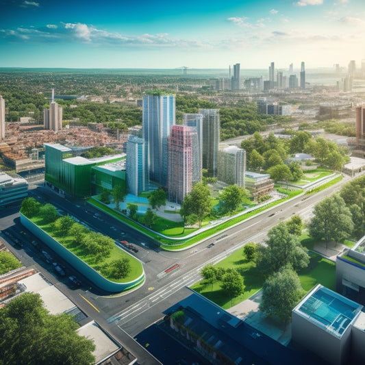 An illustration of a cityscape with several buildings, some featuring lush green roofs with varied vegetation, against a bright blue sky with a few fluffy white clouds, amidst a subtle grid of construction lines and zoning maps.