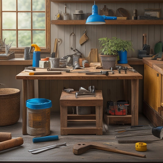 A clutter-free workbench with a variety of DIY tools, including a drill, level, tape measure, wire cutters, and a small potted plant, surrounded by wooden planks and a hammer.