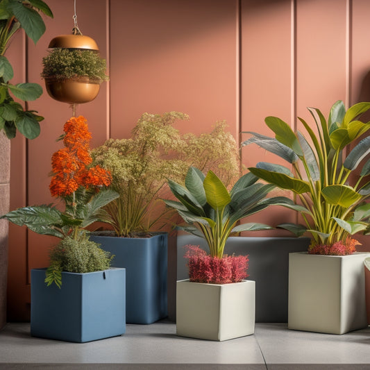 A tidy, well-lit indoor space with 3-5 neatly arranged cinder block planters of varying sizes, filled with lush greenery and vibrant flowers, against a neutral-colored background.