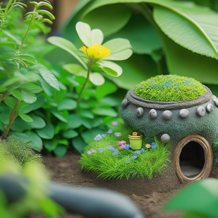 A whimsical, overflowing planter featuring a miniature fairy tale-inspired cottage, surrounded by lush greenery, moss, and tiny flowers, with a delicate, curved Cinderella-esque slipper peeking out from beneath.