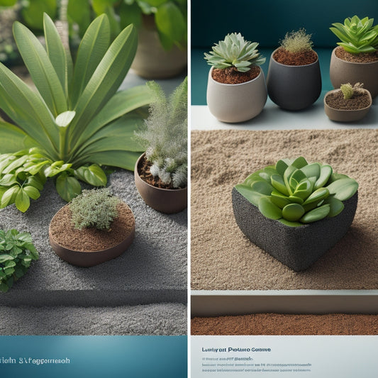 A visually appealing illustration featuring a split-screen comparison of four block planters, each filled with different drainage materials (pebbles, perlite, vermiculite, and coconut coir), with lush greenery surrounding them.