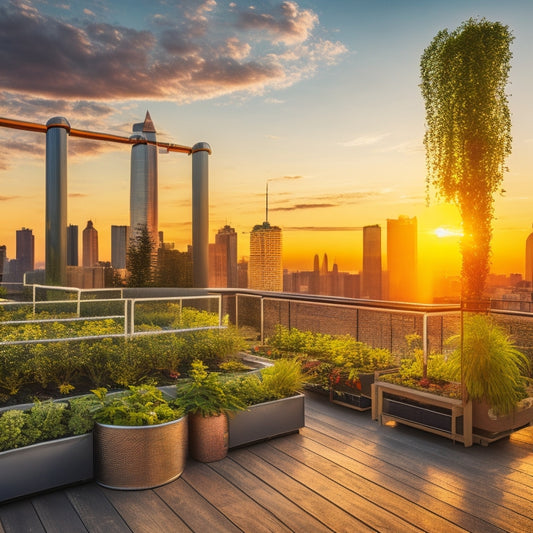 A rooftop garden with a sleek, modern aeroponic system, featuring a trellis of lush, verdant greenery, surrounded by sleek metallic pipes and misting nozzles, set against a vibrant cityscape backdrop at sunset.