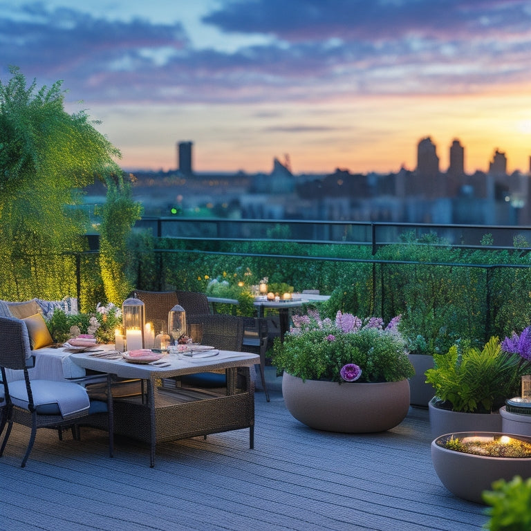 A lush rooftop garden party scene at sunset with twinkling string lights, vibrant flower arrangements, and elegant outdoor furniture, surrounded by lush greenery and a breathtaking cityscape backdrop.