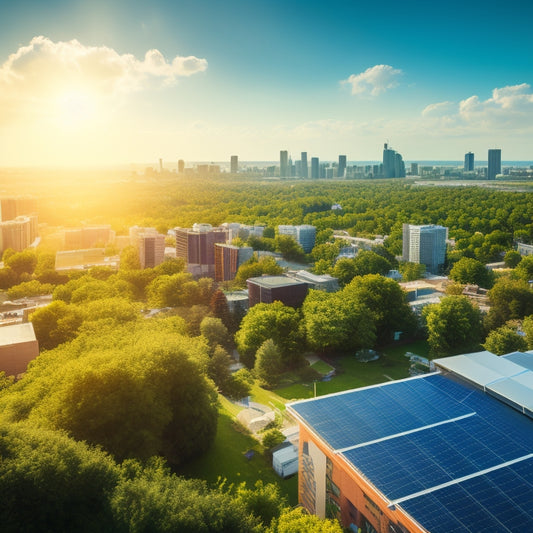 An aerial view of a cityscape with several buildings featuring lush green roofs, covered in a mix of verdant vegetation and solar panels, surrounded by a bright blue sky with fluffy white clouds.