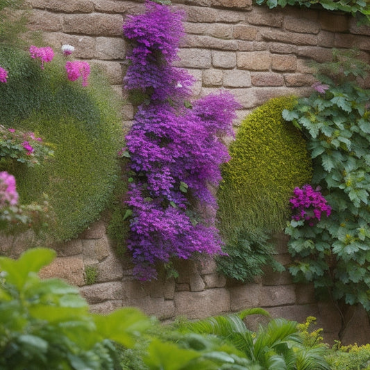 A lush, vertical garden with vines and flowers spilling over a rustic stone wall, interspersed with carefully pruned sections, showcasing healthy growth and vibrant colors.