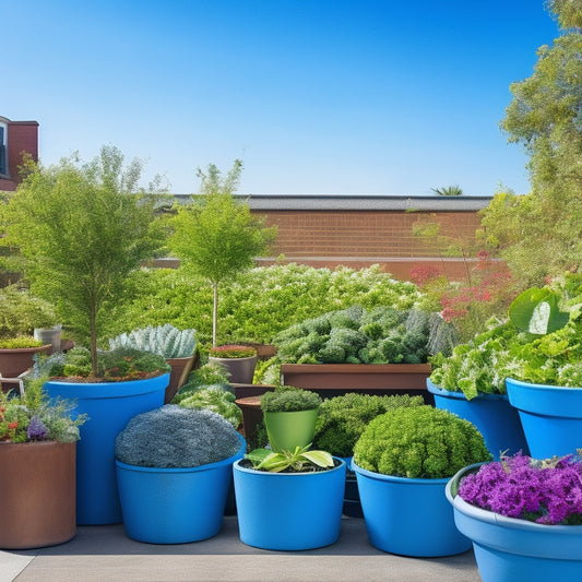 A rooftop garden scene with 5-7 weather-resistant planters of varying shapes, sizes, and materials (e.g. ceramic, metal, wooden) overflowing with lush, vibrant vegetables and herbs, set against a bright blue sky.