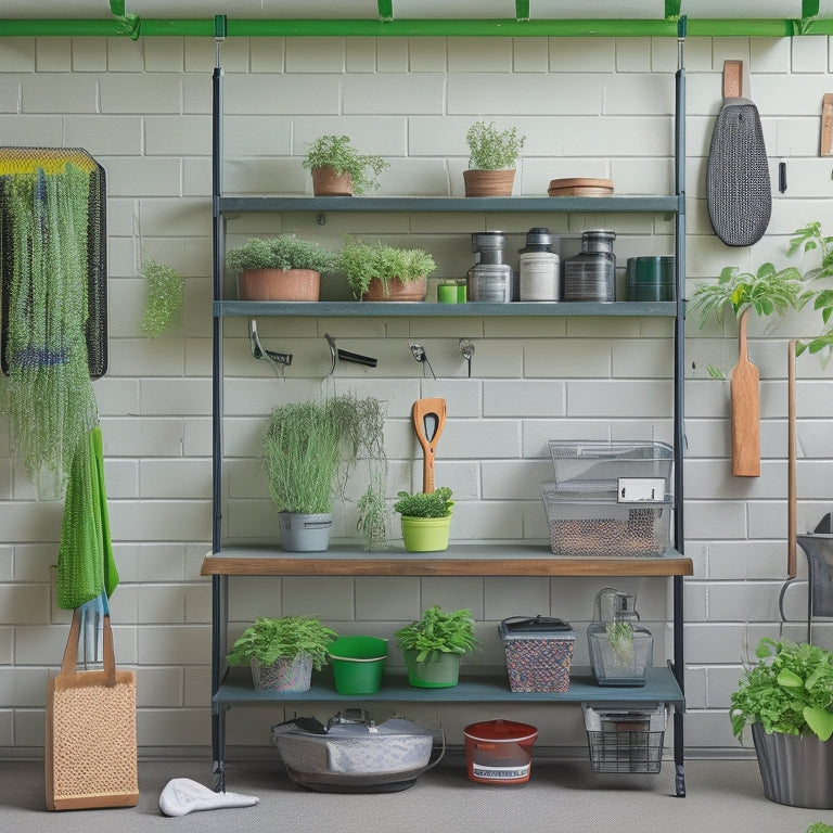 A clutter-free garage with a pegboard, organized bins, and a labeled shelf, featuring a few carefully placed planters and gardening tools, with a subtle greenery backdrop.