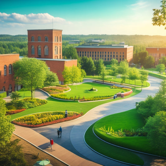 An aerial view of a university campus with a mix of modern and historic buildings, featuring vibrant green roofs with lush vegetation, winding paths, and scattered seating areas.