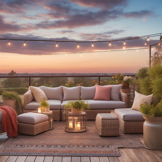 A serene rooftop scene with plush sectional sofa, lantern-style string lights, lush greenery, and a large wooden pergola, set against a warm sunset backdrop with a few puffy clouds.