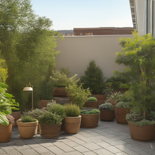 A serene rooftop scene with a mix of small and large planters, wooden trellises, and woven baskets in a harmonious layout, surrounded by lush greenery and a few strategically placed decorative stones.