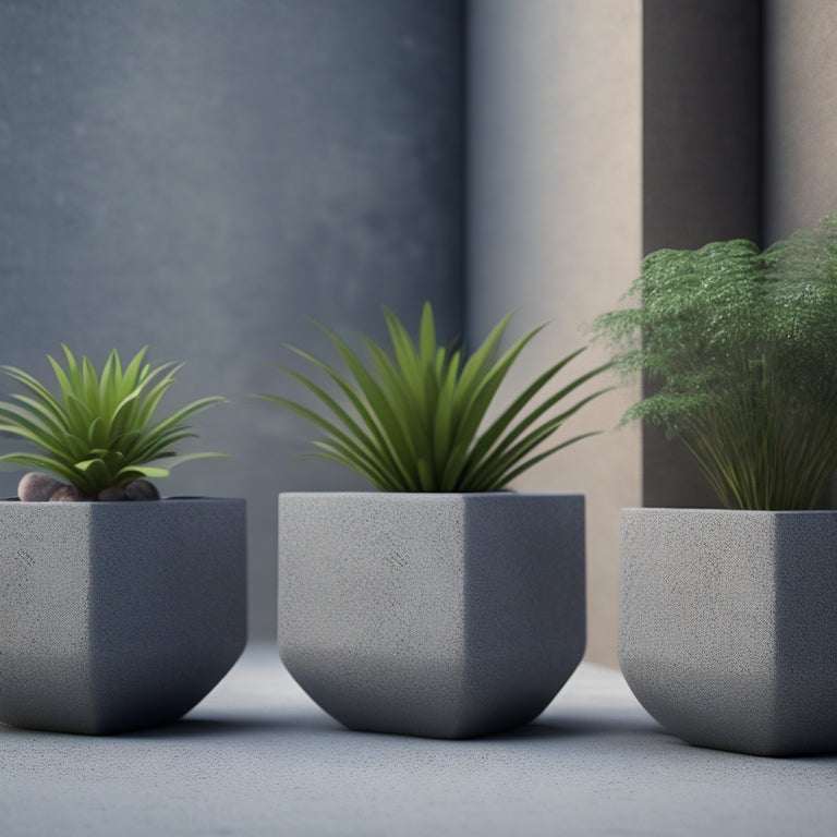 An illustration of a concrete planter with unevenly distributed weights, with cracks and breaks, next to an identical planter with evenly spaced and balanced weights, showcasing stability.