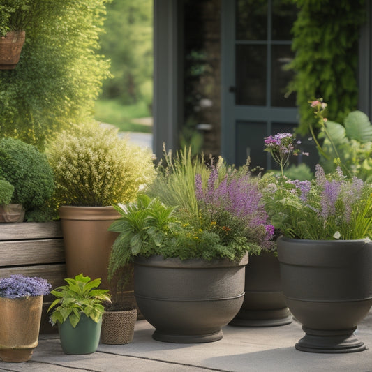 A serene outdoor setting with a variety of planters made from different materials, including weathered wood, sleek metal, rustic terra cotta, and modern fiberglass, surrounded by lush greenery and vibrant flowers.